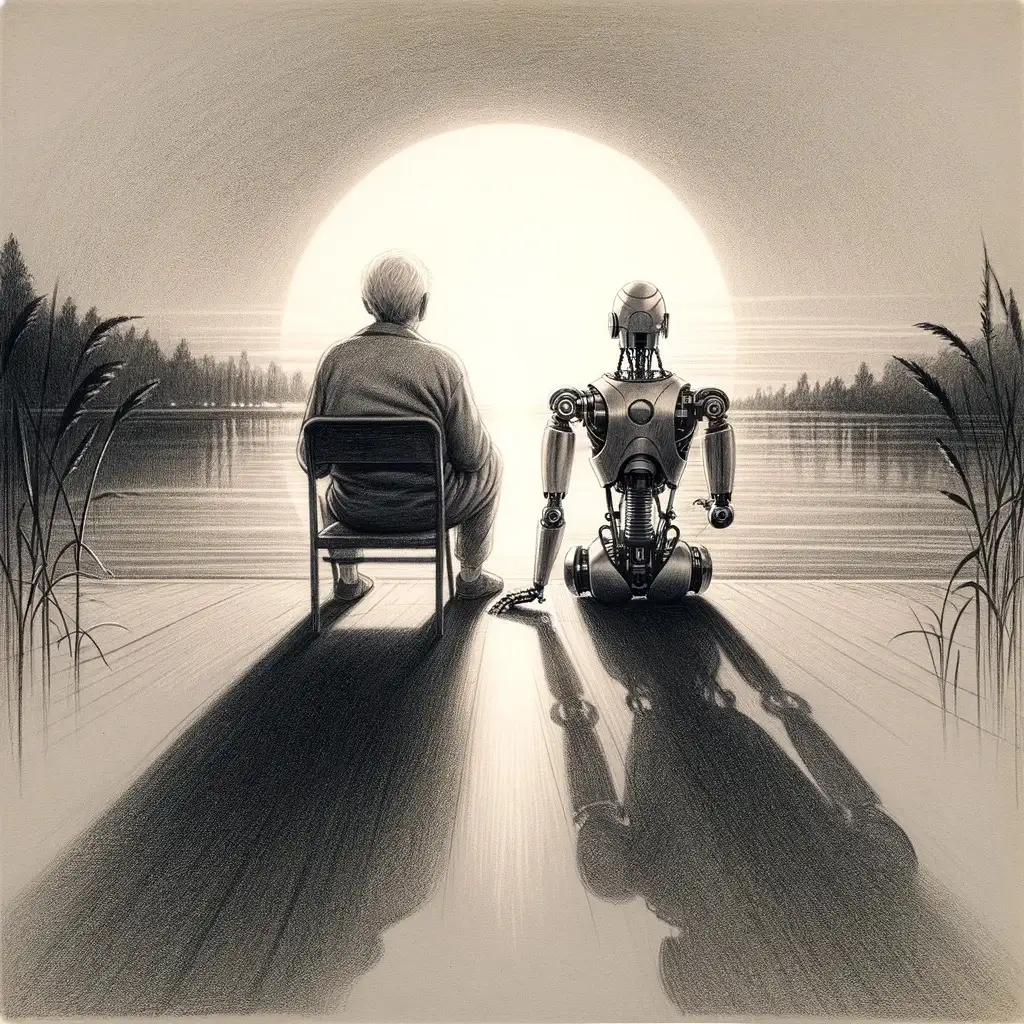 Älterer Mann und ein Roboter schauen auf ein Sonnenuntergang.